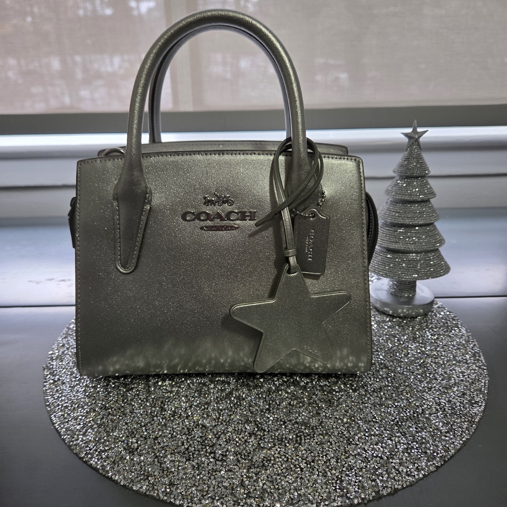 🥂NWT COACH Silver Metallic ANDREA Carryall Bag W/Star Charm
